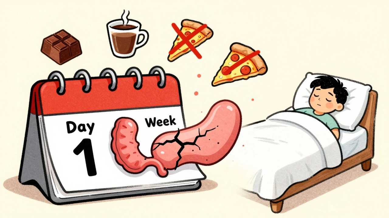 Calendar showing healing esophagus over 8 weeks with trigger foods being crossed out