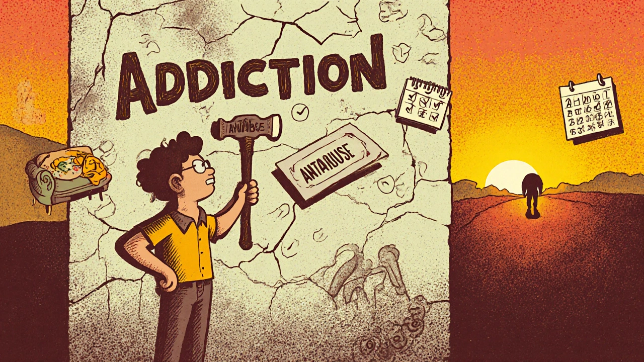 Person breaking addiction wall with hammer, symbols of support and progress surrounding them.