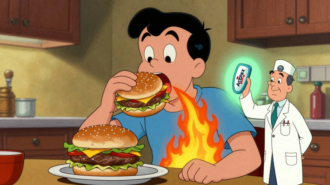 Person eating late at night with acid flames, doctor holding Aciphex tablet like a shield