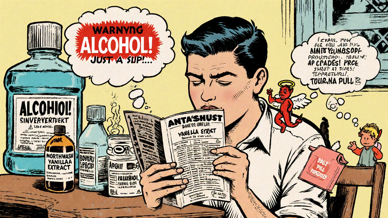 Person reading labels on household items with oversized warning bubbles and pill organizer in view.