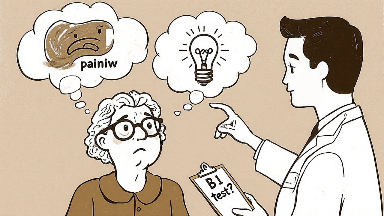 An elderly woman with thought bubbles showing statin pain and thiamine, guided by a doctor in retro cartoon style.