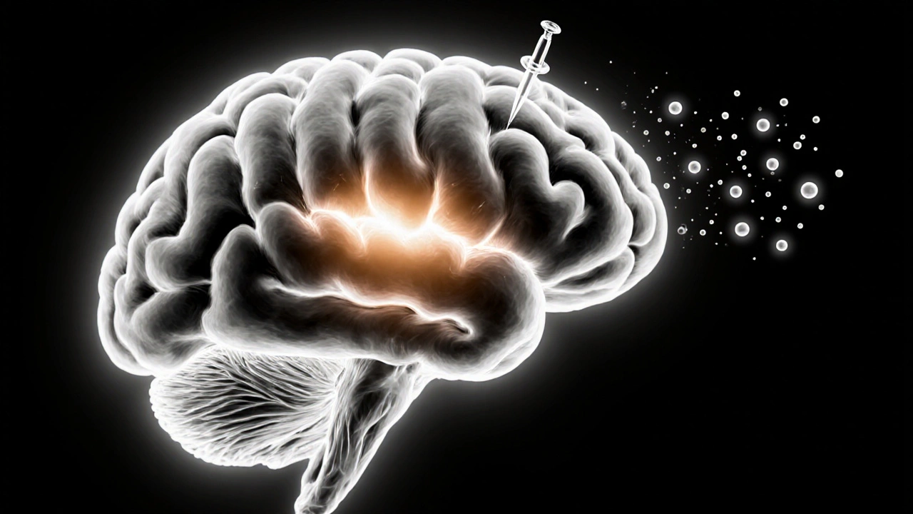 Brain illustration shows amber‑lit amygdala and needle releasing calming particles.