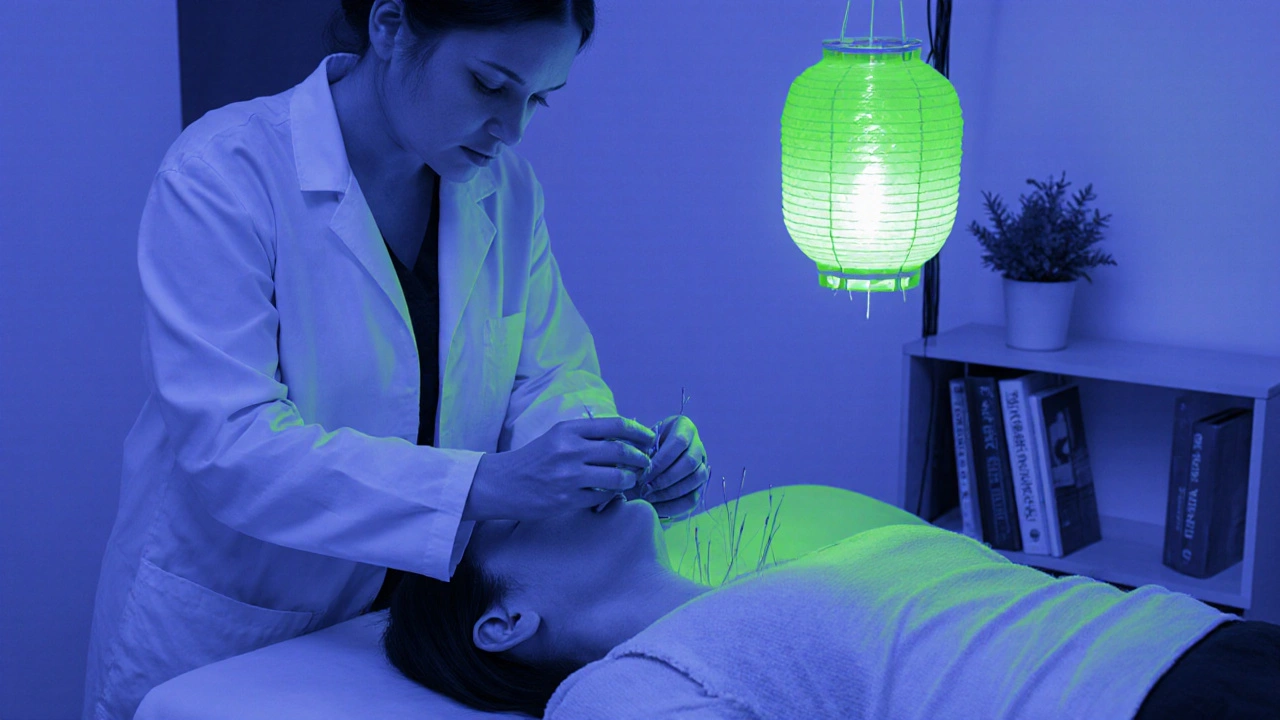 Calm treatment room with practitioner inserting needles, highlighted in muted green.