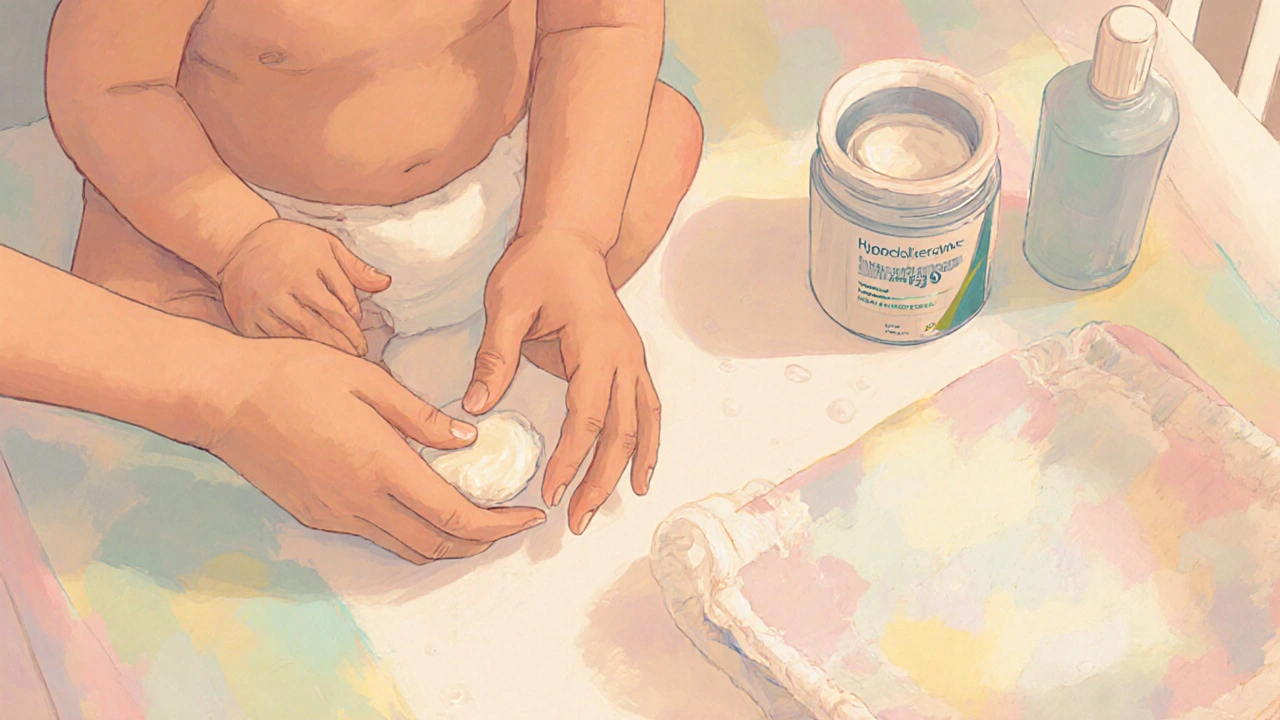 Caregiver applying barrier cream to baby during a gentle diaper change.