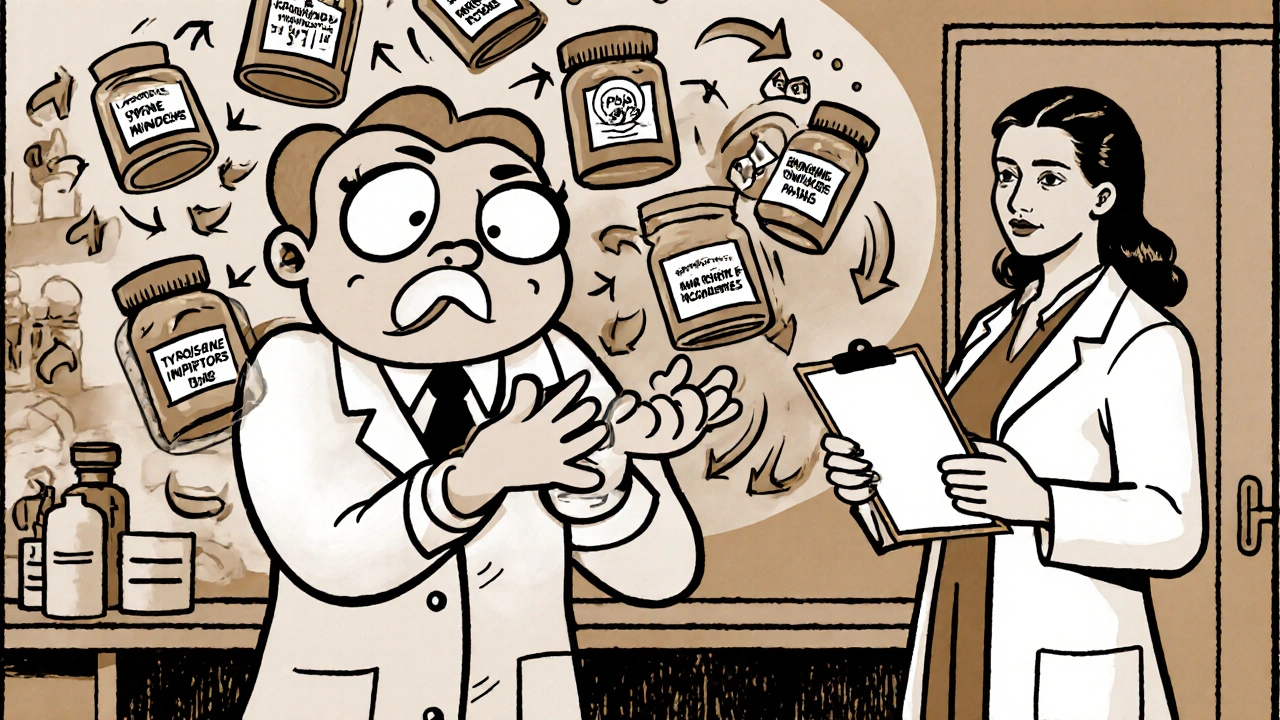 Cartoon CYP3A4 enzyme juggles medication bottles showing drug interactions.