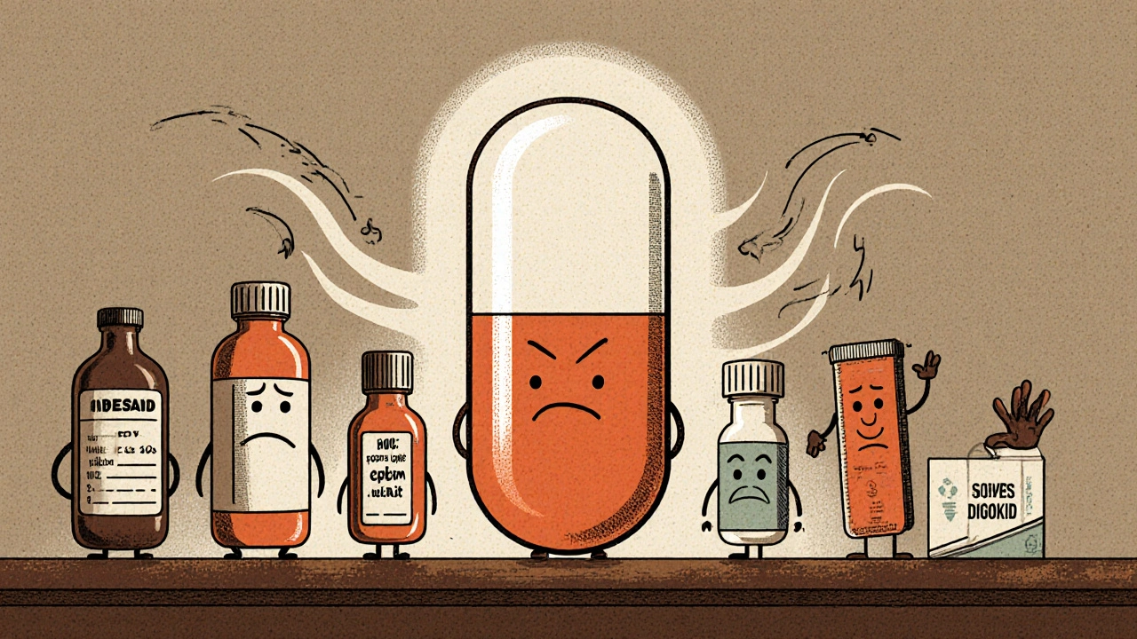 Central combo pill surrounded by animated drug bottles showing interactions.