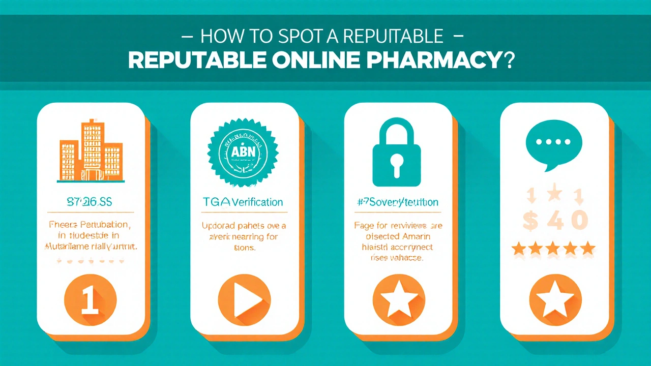 Checklist infographic showing icons for address, ABN, TGA logo, HTTPS, prescription upload, and reviews.