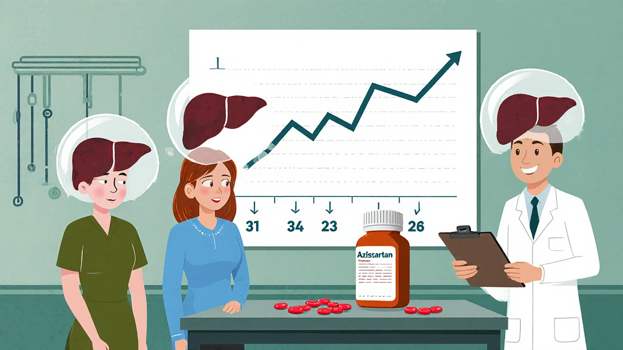 Clinical trial scene with patients, doctor, and visual of blood pressure reduction.