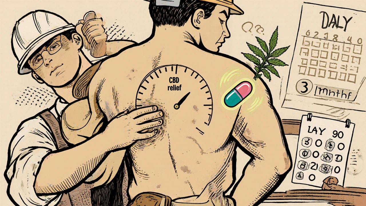 Construction worker applying CBD oil to back, with speedometer and calendar indicating relief timeline.