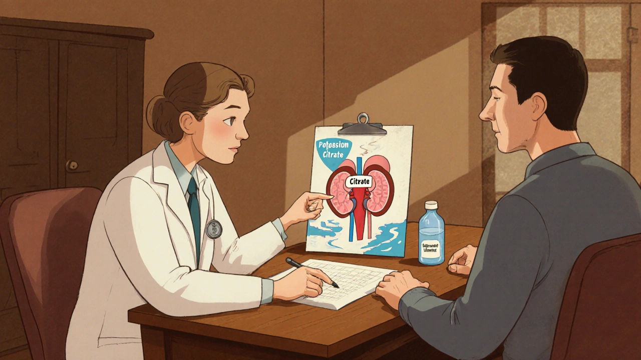 Doctor and patient discuss kidney health with hydration and citrate supplements illustrated.