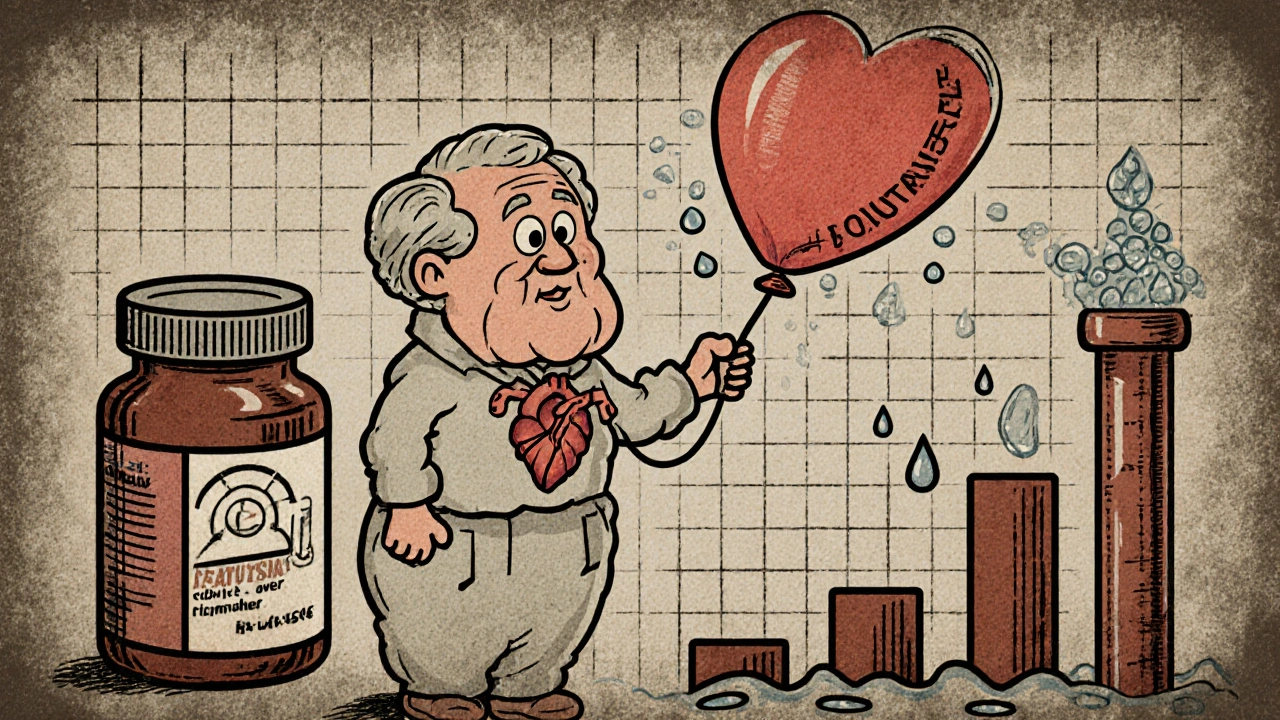 Elderly man with rising heart balloon, sodium crystals, stiff artery pipe, and fluid droplets.