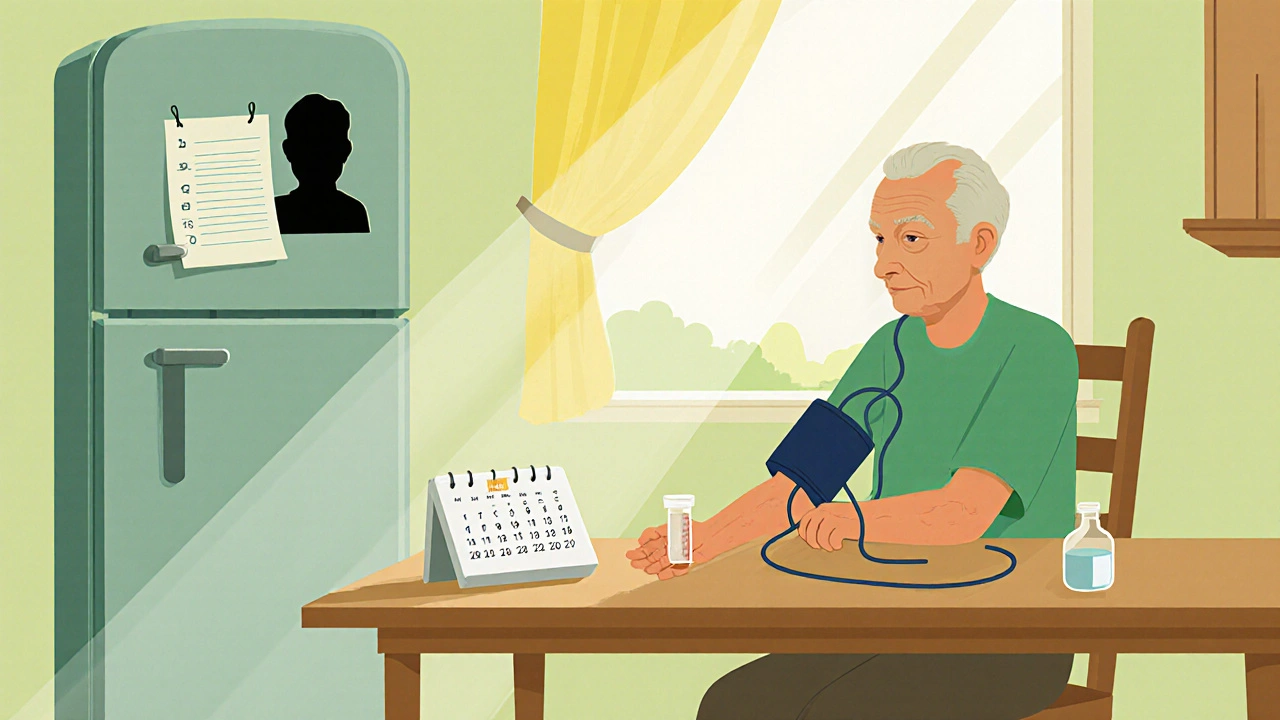 Elderly person checking blood pressure at a kitchen table with lab tube and medication list.