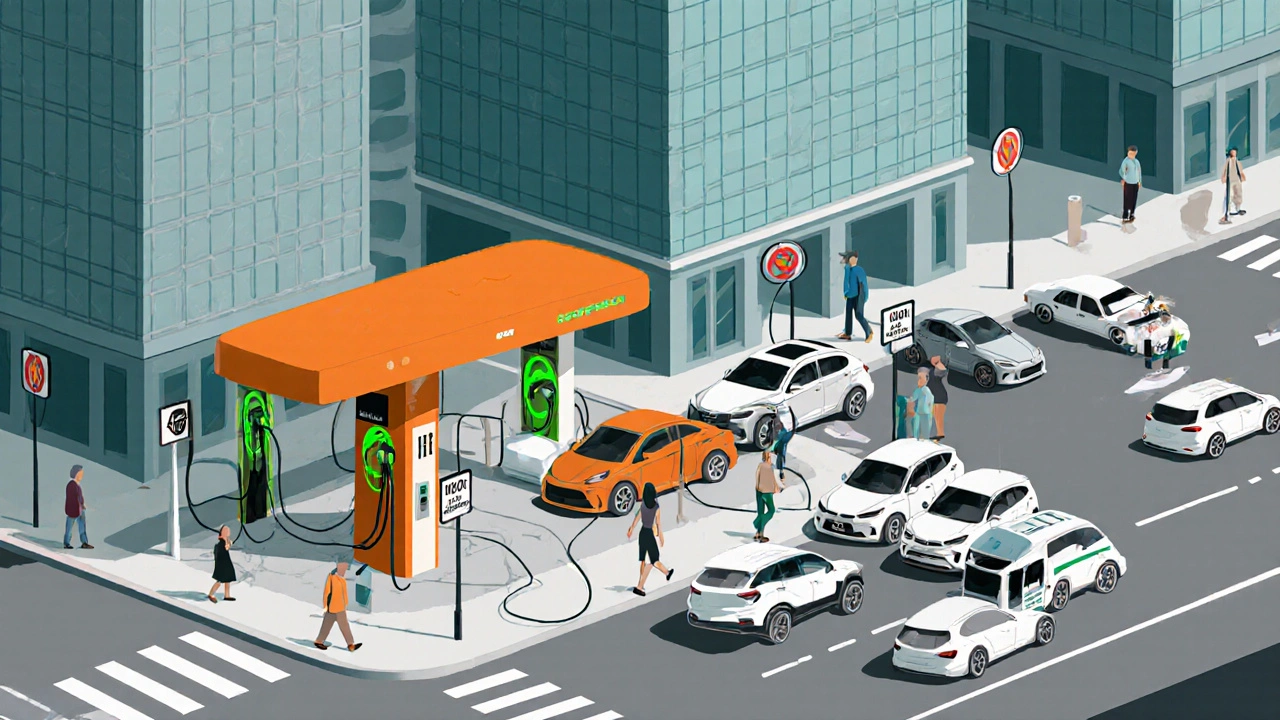Fast‑charging station causing a vehicle queue that spills onto the road.