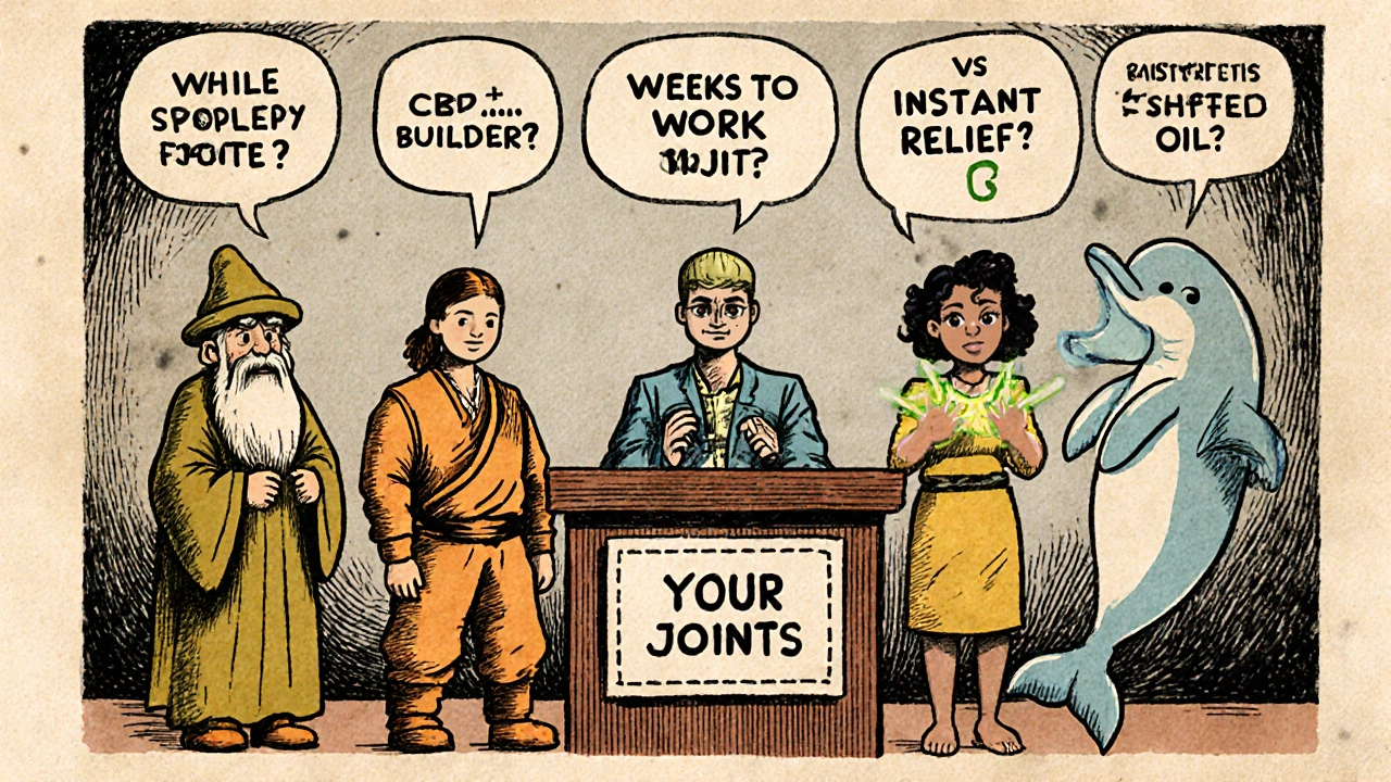 Five pain relief options in a courtroom, each personified as a character with unique traits.