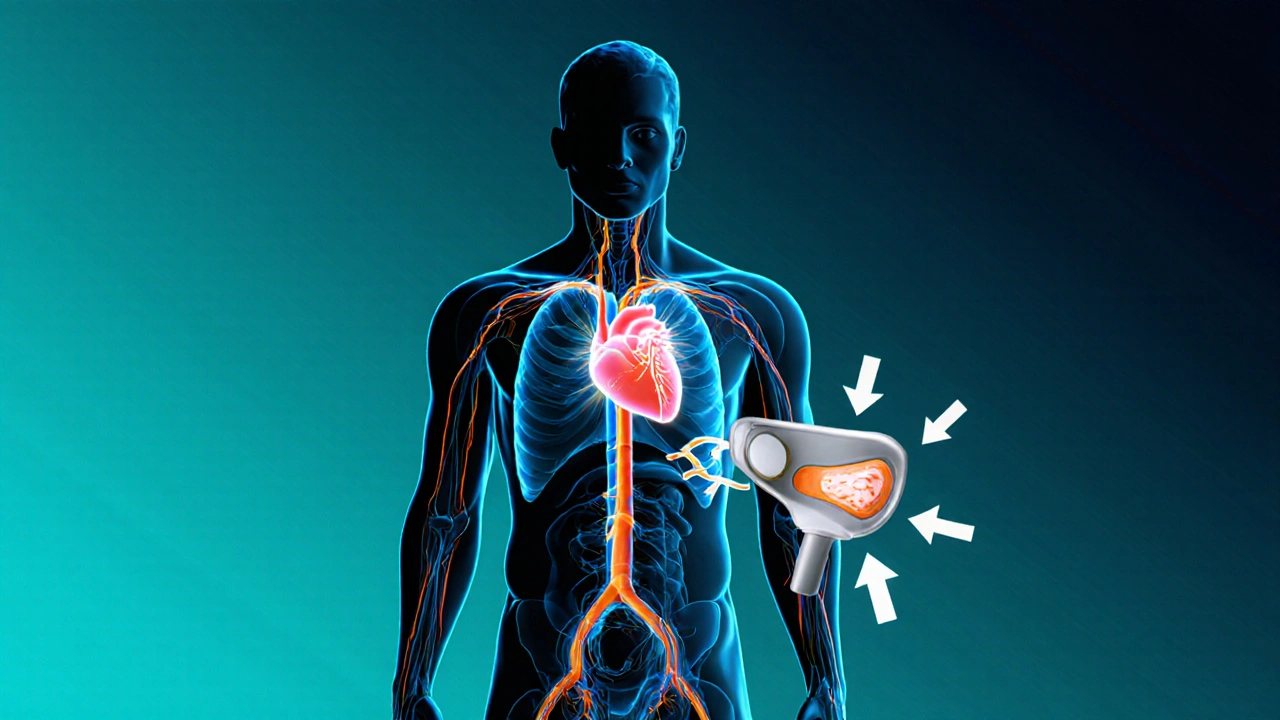 Illustration of a man&#039;s silhouette with a glowing heart and arrows portraying improved blood flow from a vacuum device.