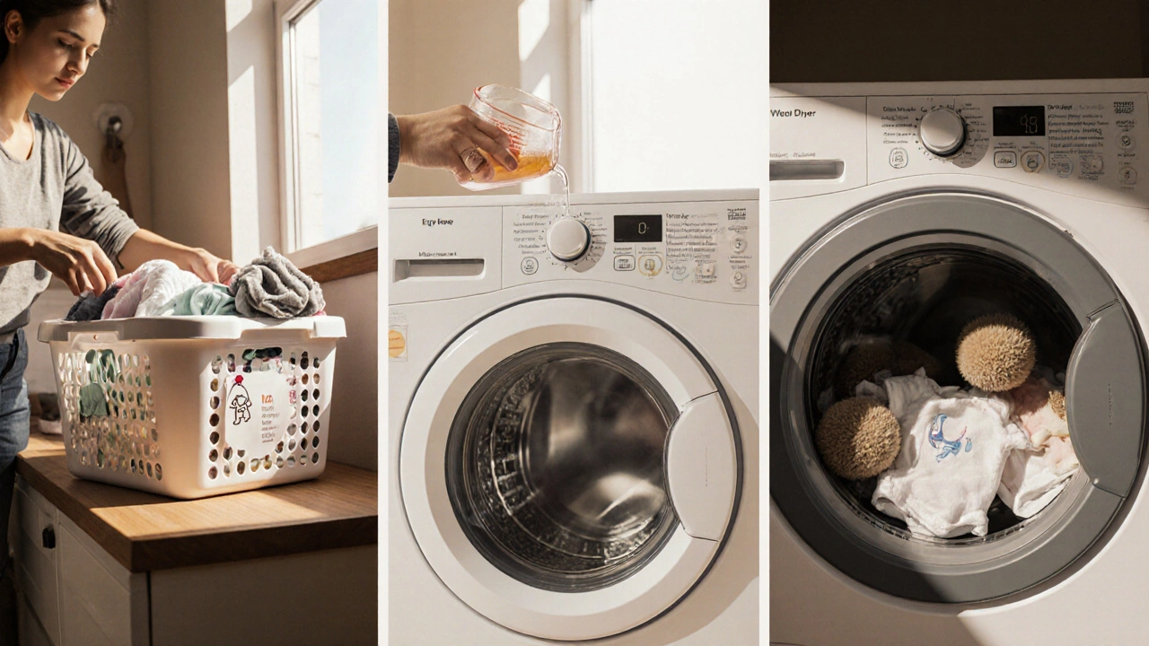 Illustration of parent sorting baby clothes, adding detergent, and using dryer balls in a low‑heat dryer.