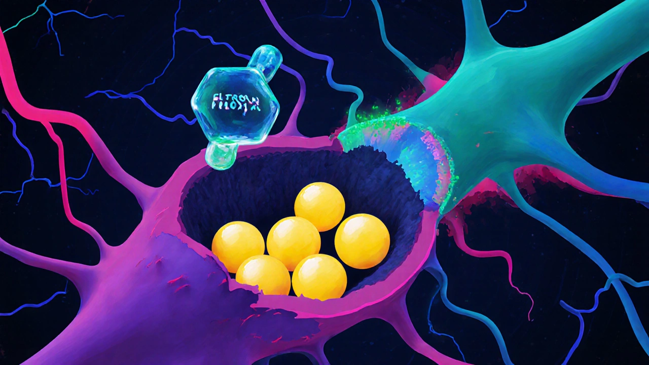 Illustration showing fluoxetine blocking serotonin reuptake at a brain synapse.