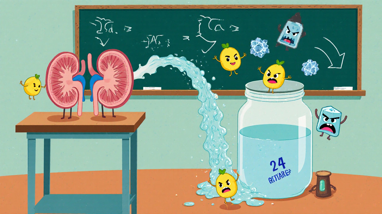 Kidneys spray diluted urine with happy citrate characters pushing away calcium crystals.