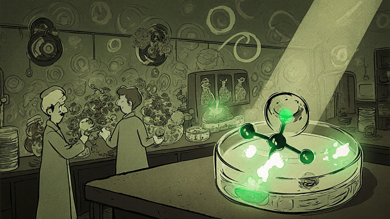 Laboratory scene with scientists comparing bacterial cultures, highlighting Besifloxacin’s chlorine atom in vintage cartoon.