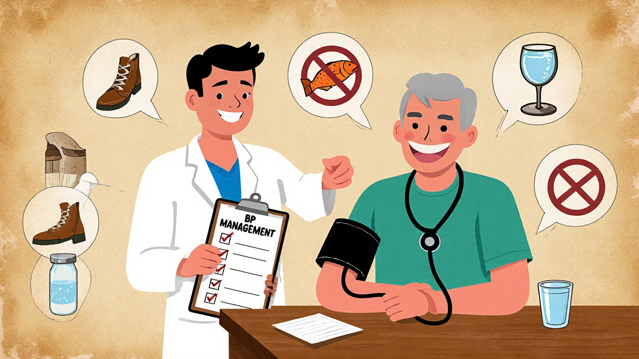 Man checking blood pressure, doctor with checklist, icons for walking, low‑sodium meal, and water.