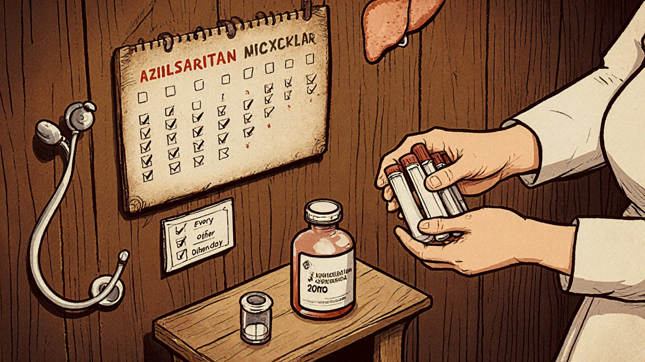 Monitoring schedule with calendar, nurse, blood test tubes, and Azilsartan dosing bottle.