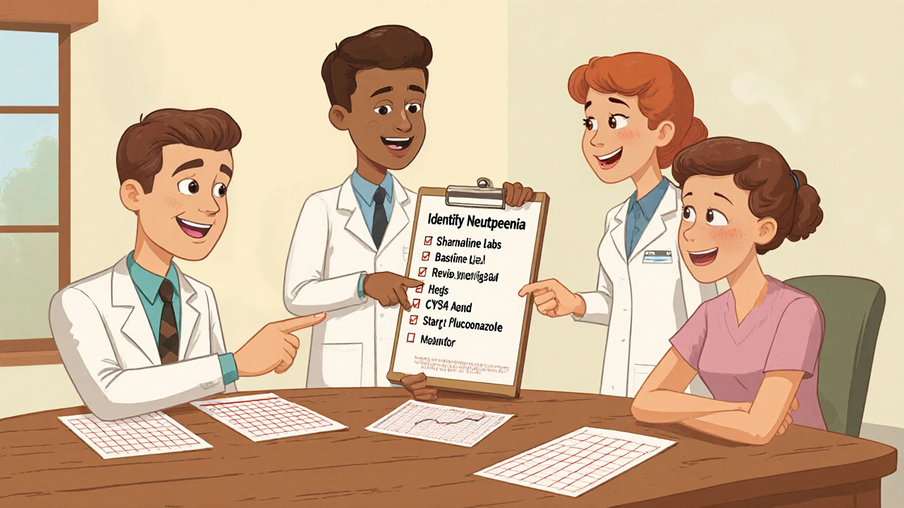 Oncology team reviews a checklist with lab results in a vintage cartoon style.