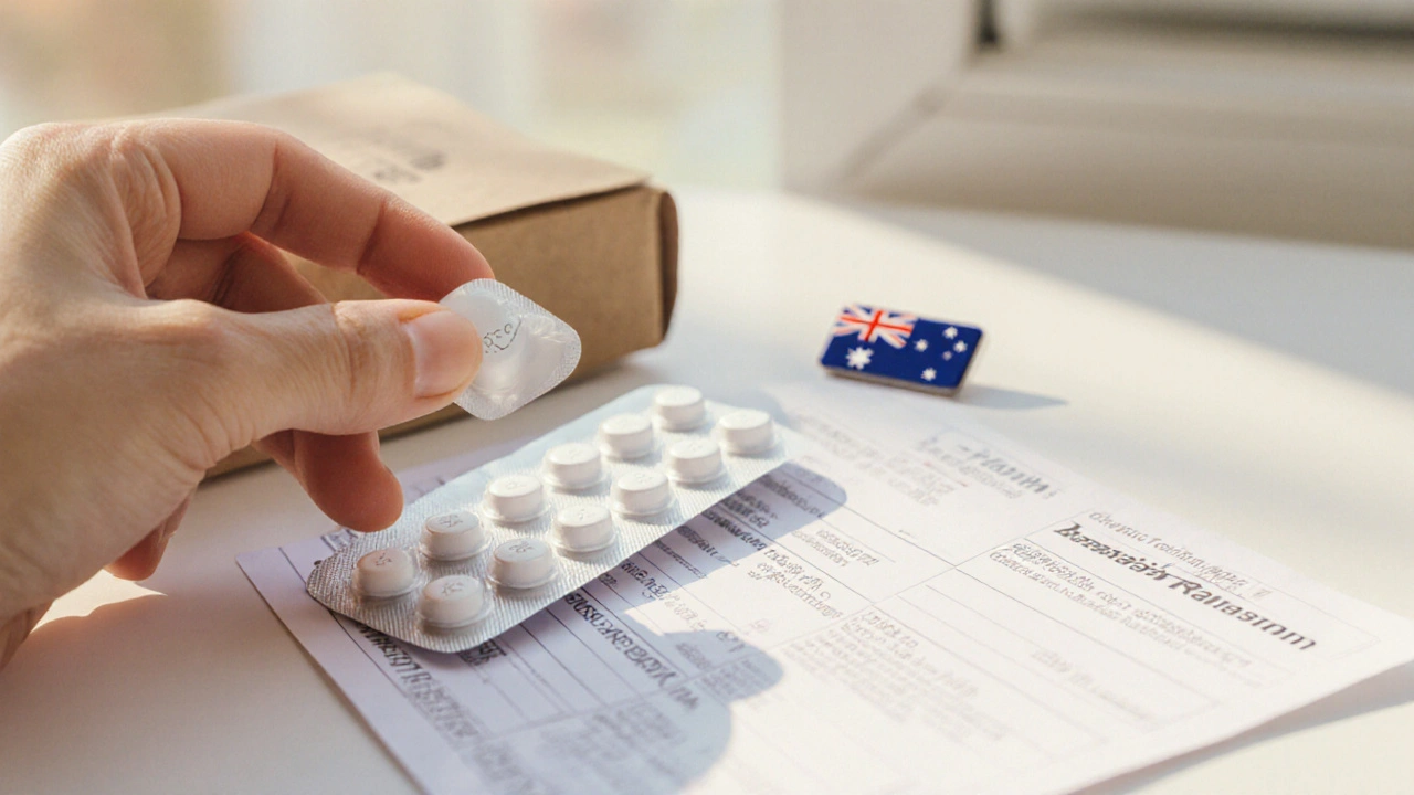 Open delivery box displaying atenolol blister pack, prescription printout, and hand inspecting tablets.