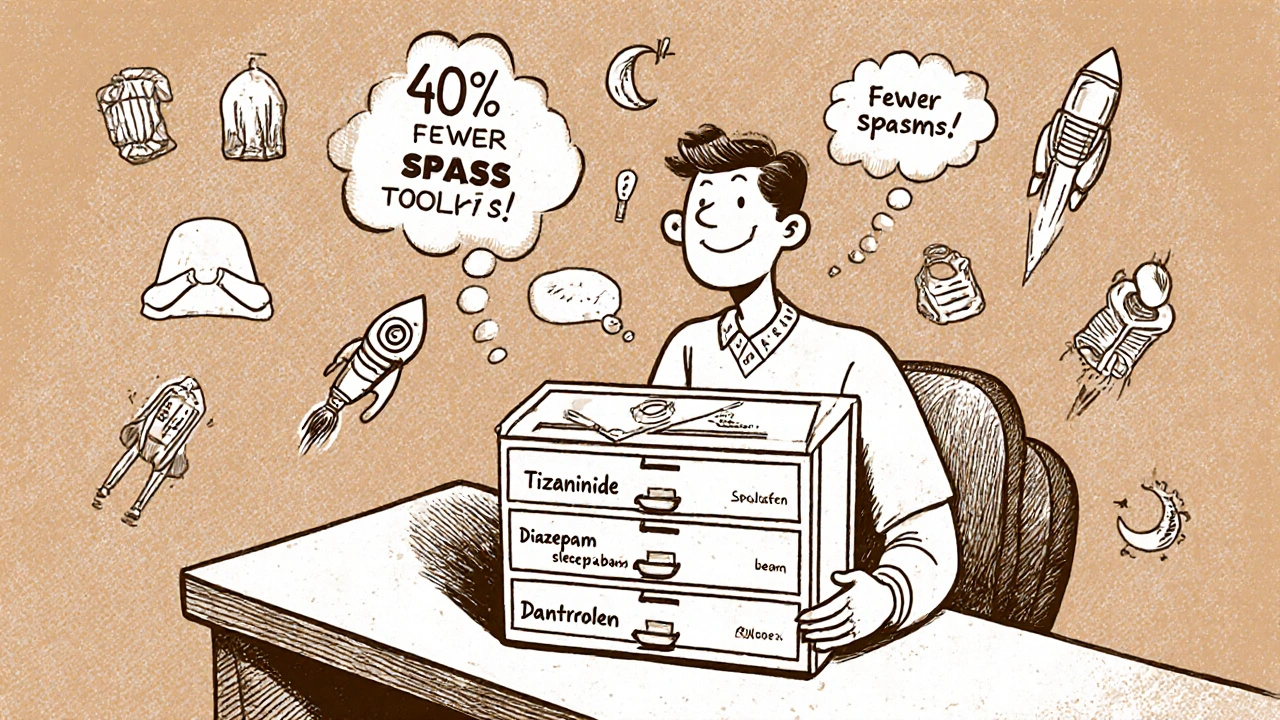 Patient holding a toolkit with drawers labeled for different spasticity treatments, with thought bubble showing improved mobility through therapy.
