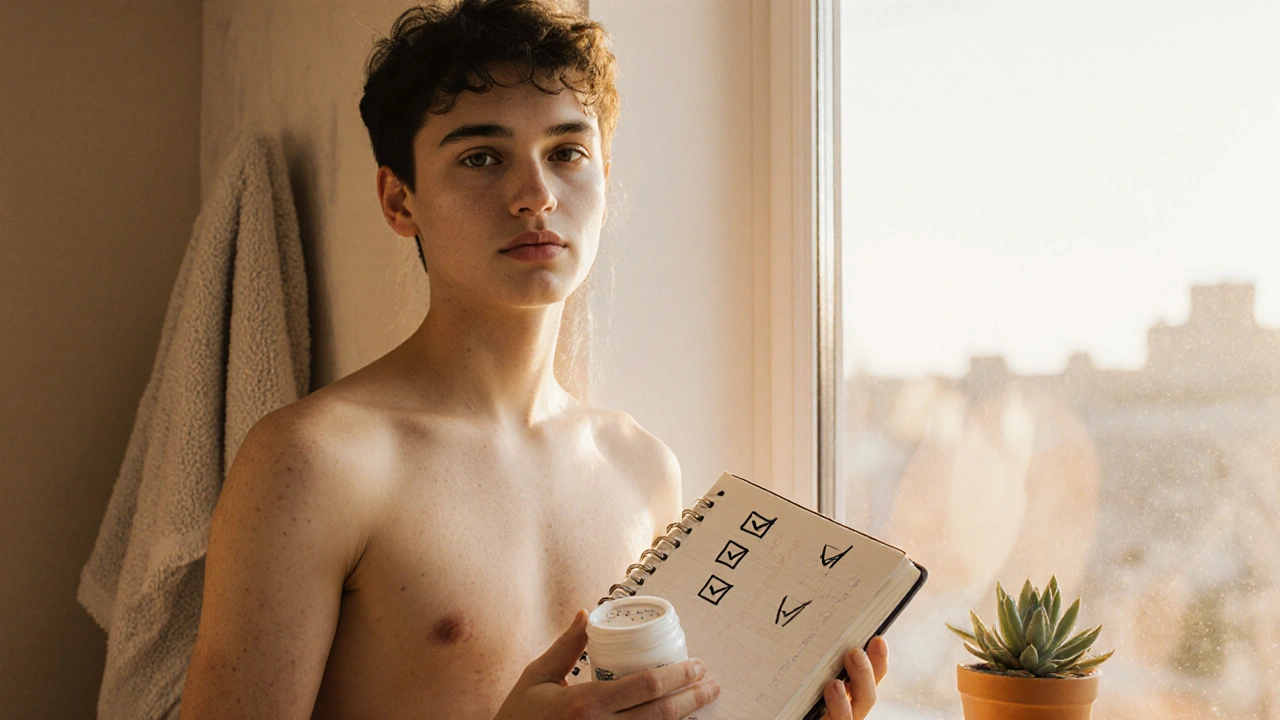 Person with clear skin standing by a sunny window, holding a journal and moisturizer.