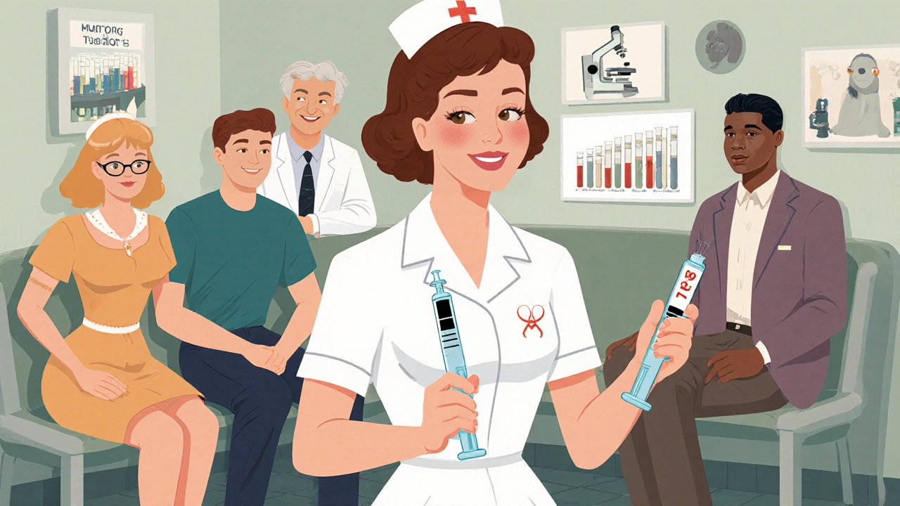 Retro clinic scene with diverse patients and a nurse offering dual HIV and syphilis testing.