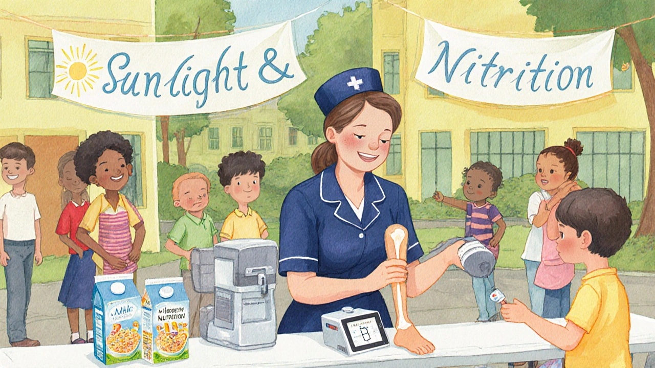 School nurse scanning a child&#039;s leg with portable ultrasound amid fortified foods at a health fair.