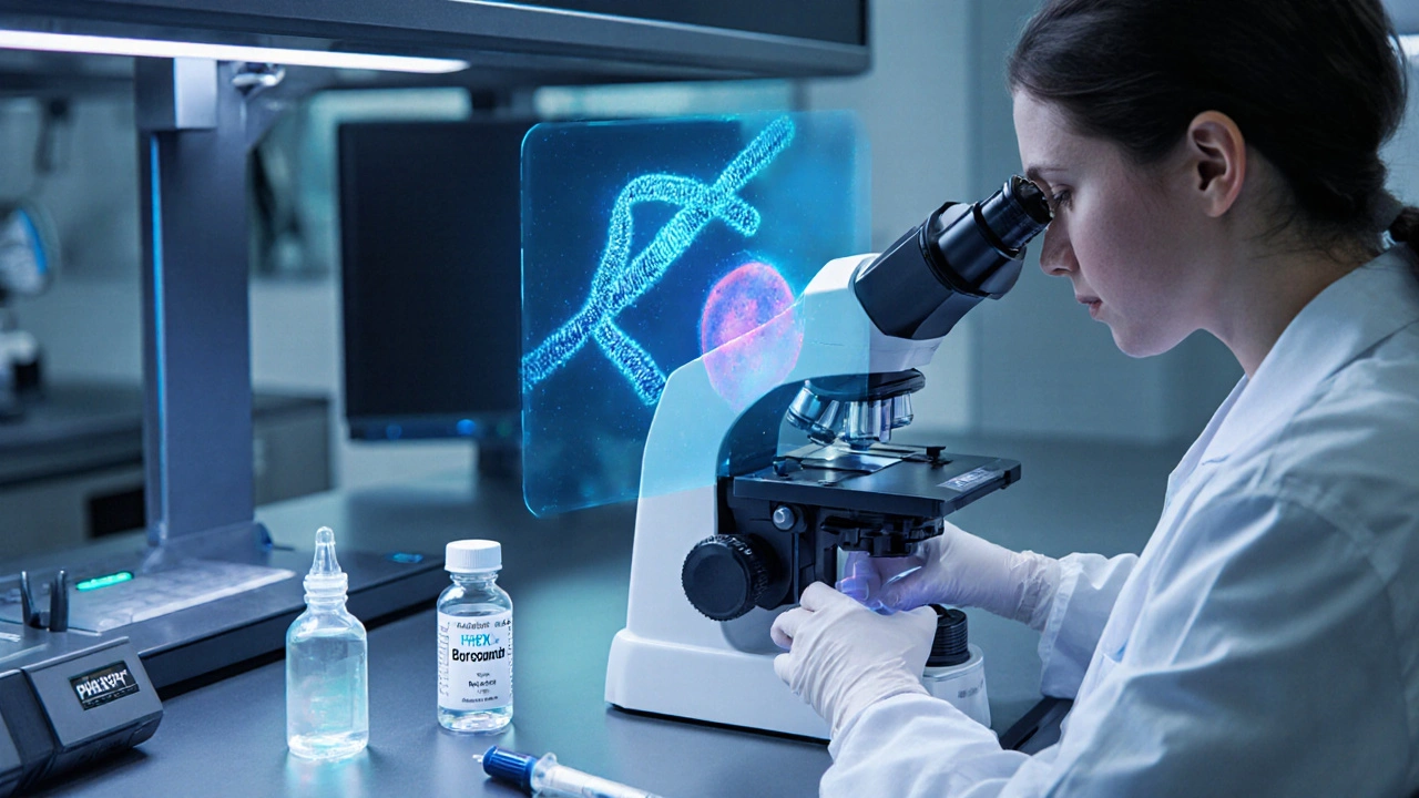Scientist using CRISPR on a mouse embryo with a PHEX gene hologram and burosumab vial nearby.