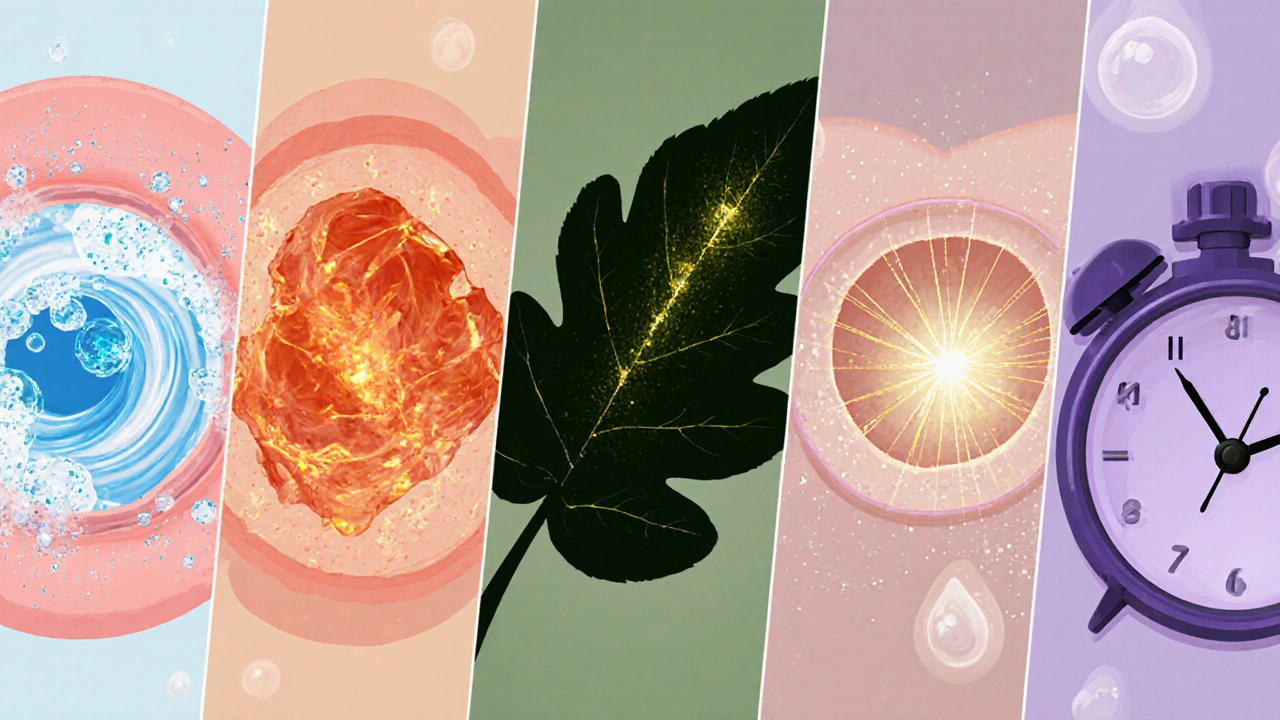 Six-panel illustration showing different acne treatment mechanisms with visual symbols.