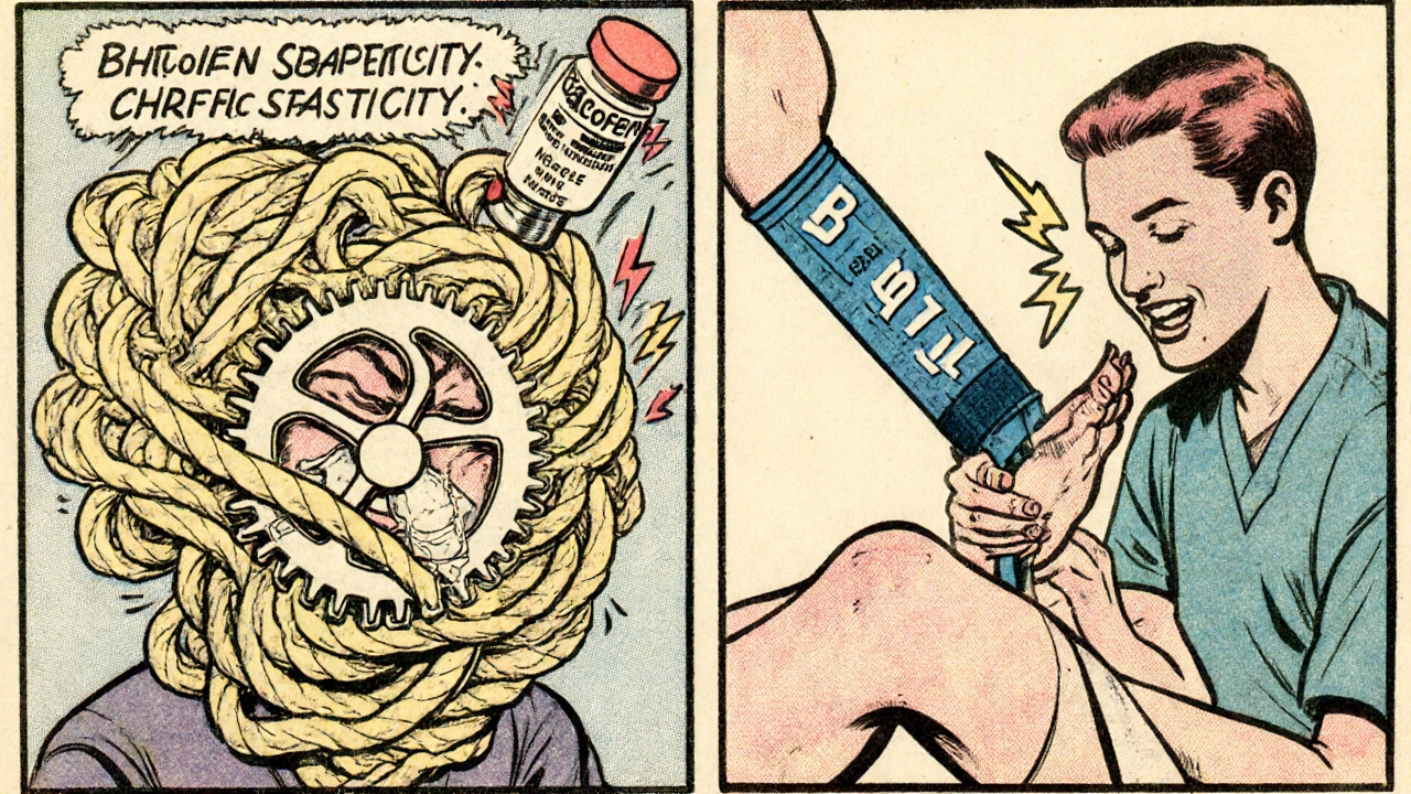 Split-panel cartoon showing baclofen slowly untangling stiff muscles versus Botox targeting specific knots with a physical therapist helping.