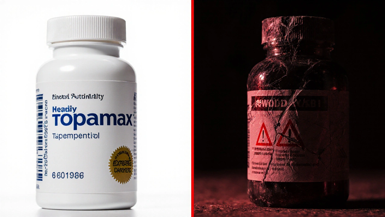 Split view of authentic Topamax bottle versus a counterfeit, warning‑filled version.
