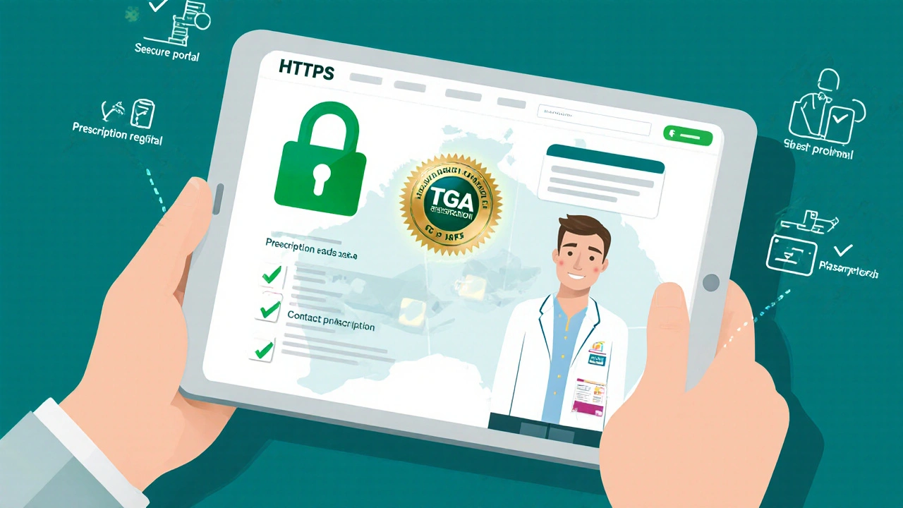 Tablet screen showing a secure pharmacy site with padlock, TGA badge, pharmacist avatar, and checklist.