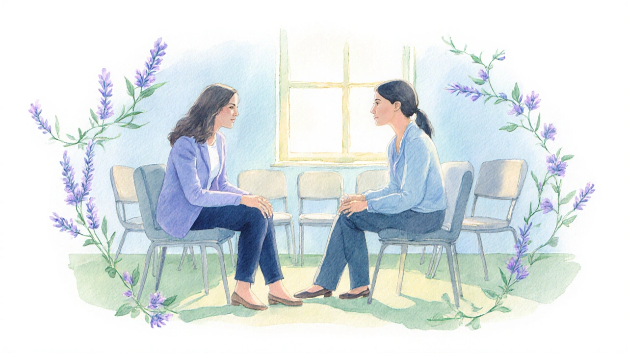Therapist and woman in a calm watercolor counseling session with supportive vibe.