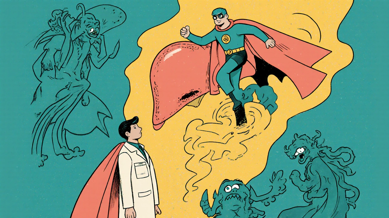 Thiamine superhero rescuing muscles and liver from deficiency monsters while atorvastatin watches calmly in vintage comic style.