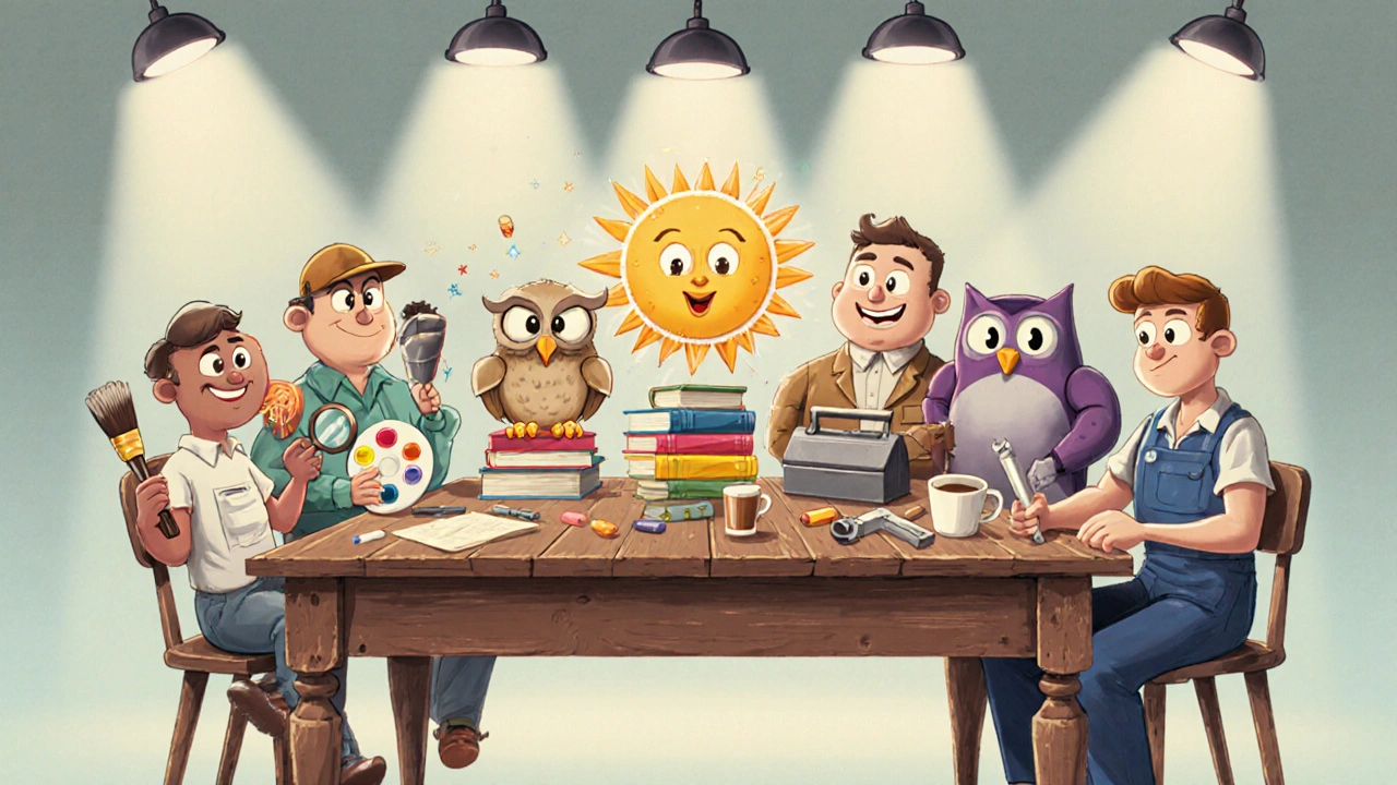 Vintage cartoon lineup of characters personifying different nootropic compounds.