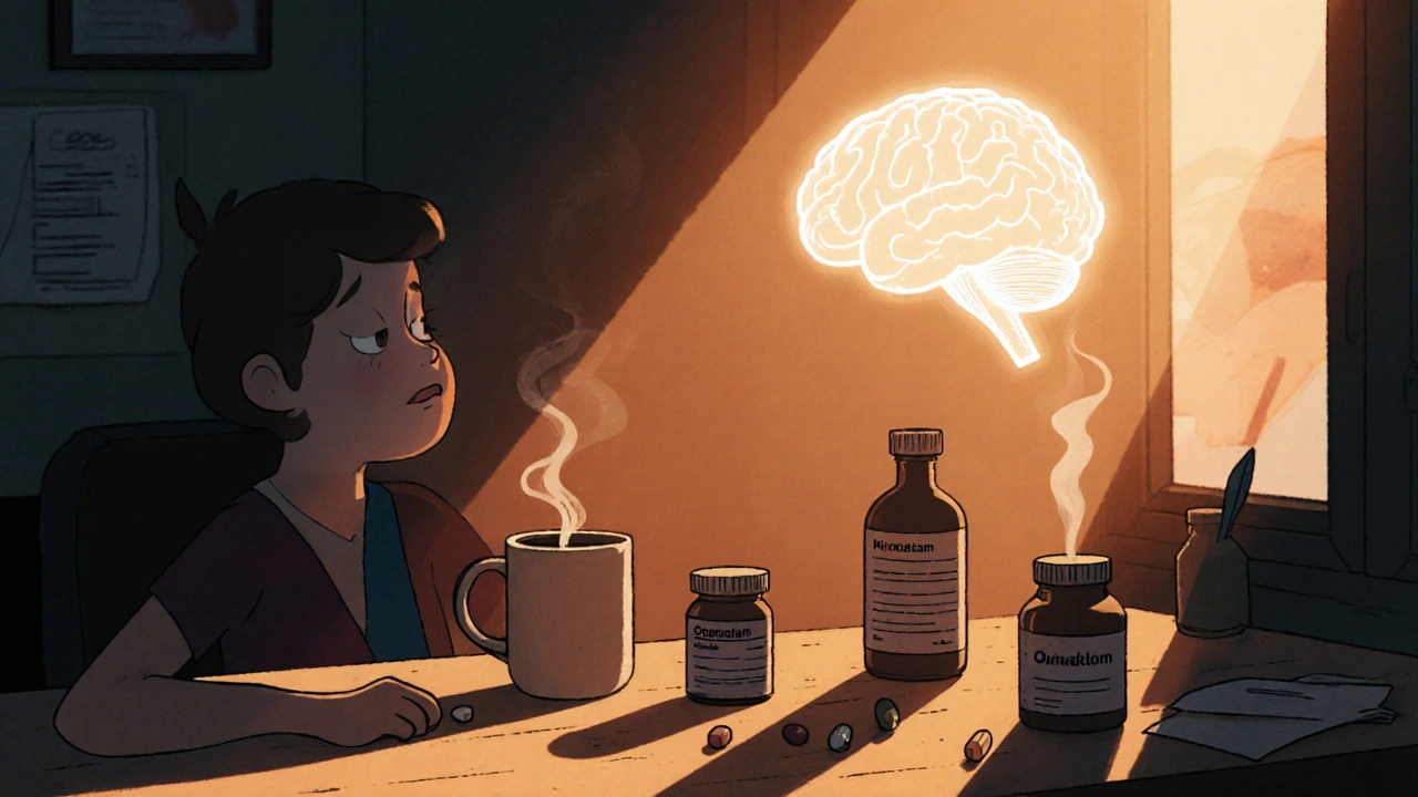 Vintage cartoon of a person at a desk surrounded by pill bottles, illustrating a smart‑drug stack.