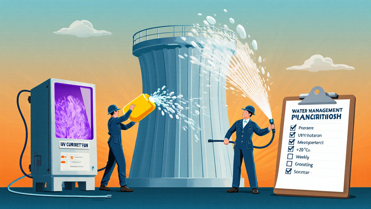 Vintage cartoon of crew performing chlorination, UV disinfection, and a checklist for cooling tower maintenance.