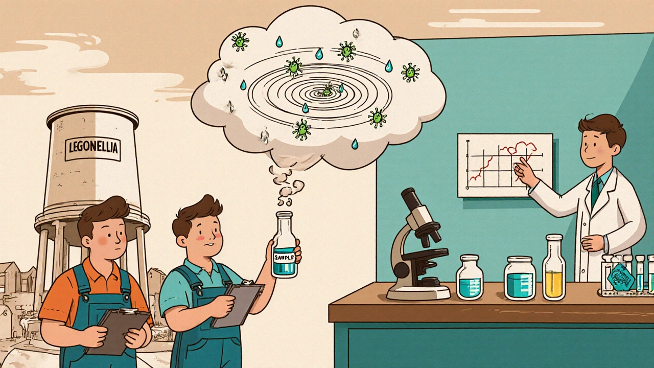 Vintage cartoon of technicians sampling tower water, a map showing aerosol spread, and a lab analyzing samples.