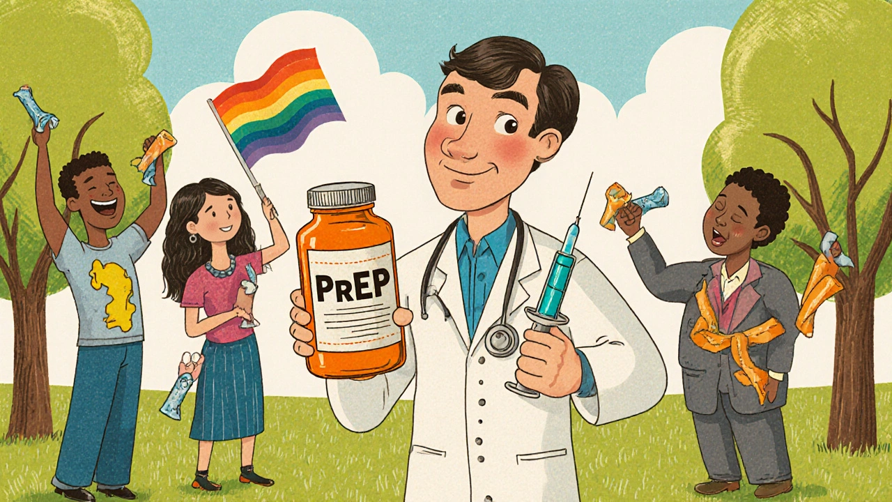 Vintage cartoon rally with doctor, PrEP bottle, penicillin syringe, and condoms promoting prevention.