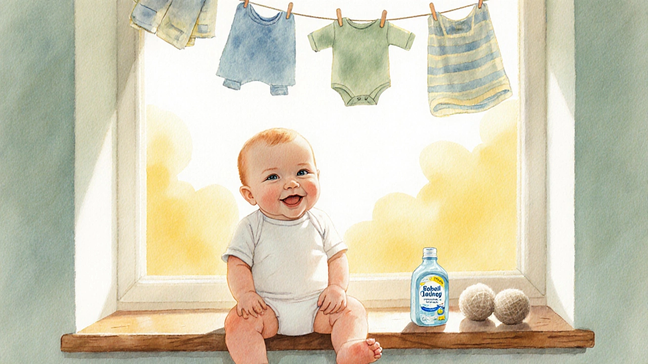 Watercolor of a smiling baby in clean clothes near a sunny window with laundry drying outdoors.