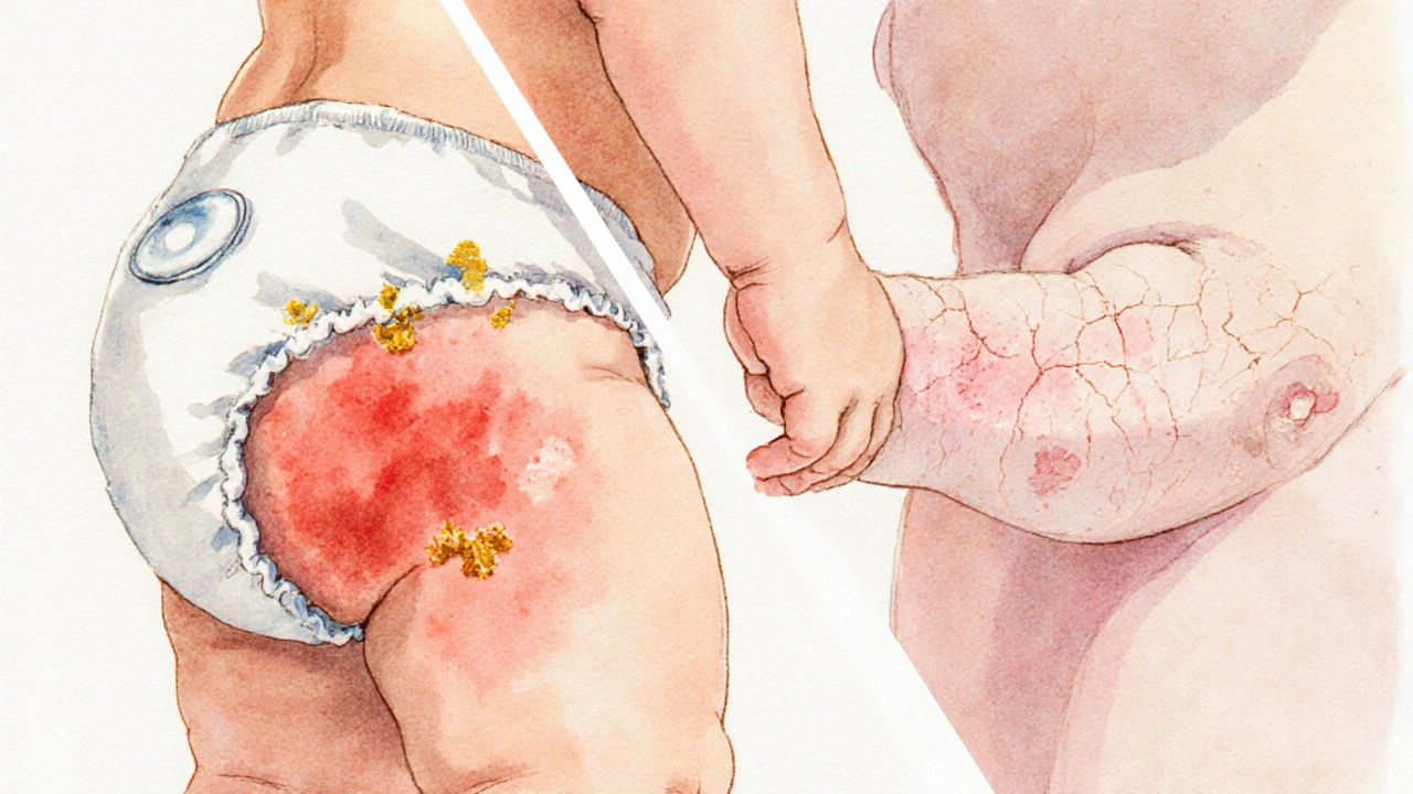 Watercolor split view of diaper rash on bottom and eczema on cheek and arm.