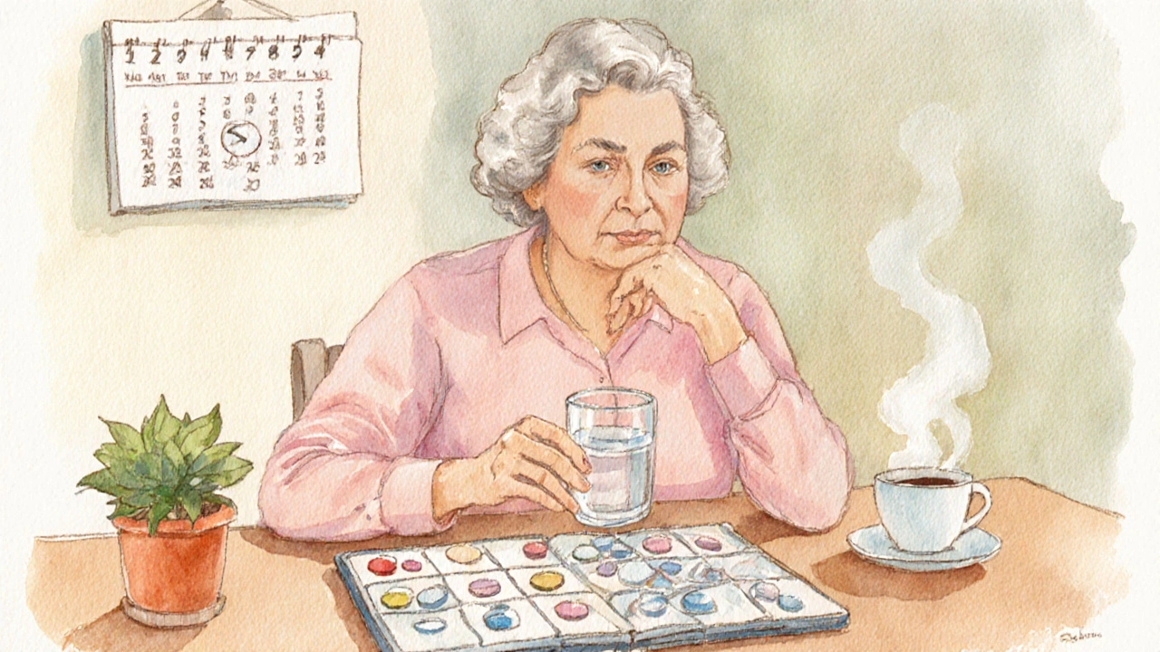 Woman at kitchen table reviewing pills in a organizer, reflecting on medication choice.