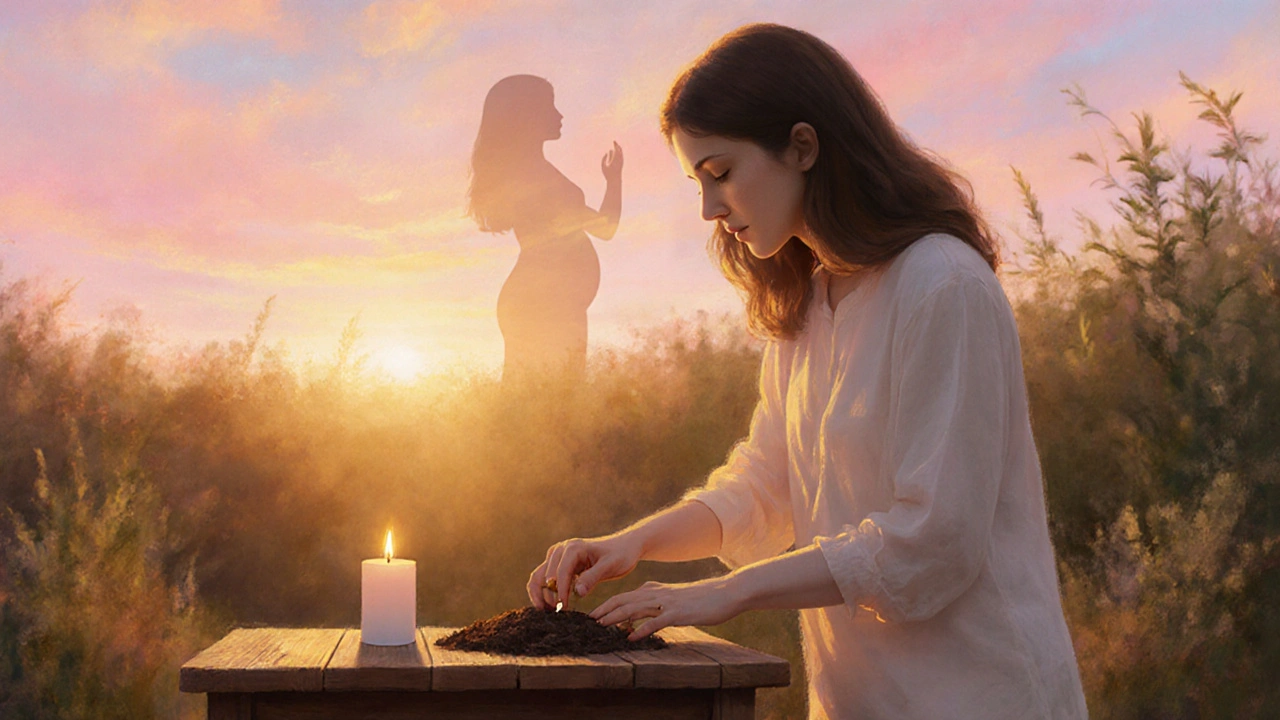 Woman planting a seed beside a candle at sunrise, symbolizing hope and renewal.