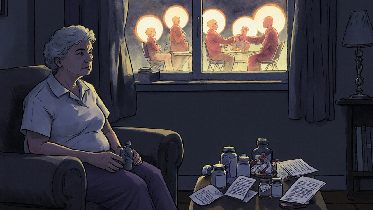 A tired caregiver at home, looking longingly at a glowing support group meeting across the street.