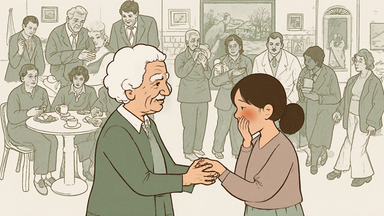 An older woman comforting a younger patient in a support group, surrounded by memories of shared moments.